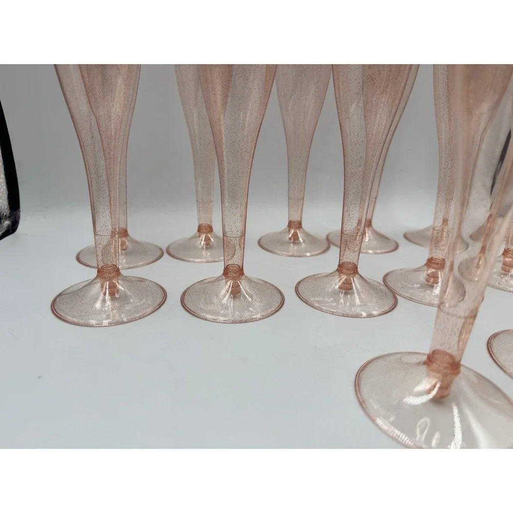 Set Of 14 Rose Gold Pink Disposable Glitter Plastic Champagne Glasses